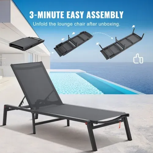 VEVOR Chaiselongue-Stühle für den Außenbereich, Aluminium-Terrassen-Liegestühle mit 5 verstellbaren Positionen, klappbare Pool-Liegestühle, Liegestühle und komplett flache Sonnenstühle für Terrasse, Strand, Pool, Dunkelgrau, 2 Stück – Bild 3