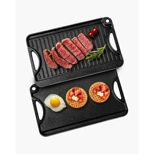 VEVOR wendbarer Grillplatte Bratpfanne Griddle aus Gusseisen (185 x 342 mm), tragbare rechteckige BBQ Pfanne mit Griff, Familienkochgeschirr für Herdplatten drinnen/draußen Grill, schwarz VEVOR wendbarer Grillplatte Bratpfanne Griddle aus Gusseisen (185 x 342 mm), tragbare rechteckige BBQ Pfanne mit Griff, Familienkochgeschirr für Herdplatten drinnen/draußen Grill, schwarz