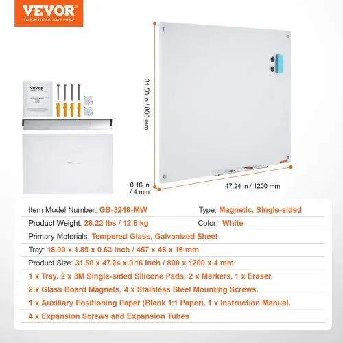 VEVOR Magnetisches Glas-Whiteboard, Wandtafel Trocken Abwischbare Tafel 120 x 80 cm, Wandmontiertes Weißes Glasboard ohne Rahmen, mit Stiftablage, einem Radiergummi& 2 Stiften, Magnettafel Weiß – Bild 5