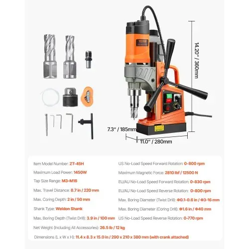 VEVOR Magnetbohrmaschine Kernbohrmaschine 40 mm Bohrdurchmesser, 12500 N tragbare elektrische Magnetbohrmaschine mit 2 Kernbohrern, variabler Geschwindigkeit, Bohrmaschine für Metalloberflächen – Bild 6