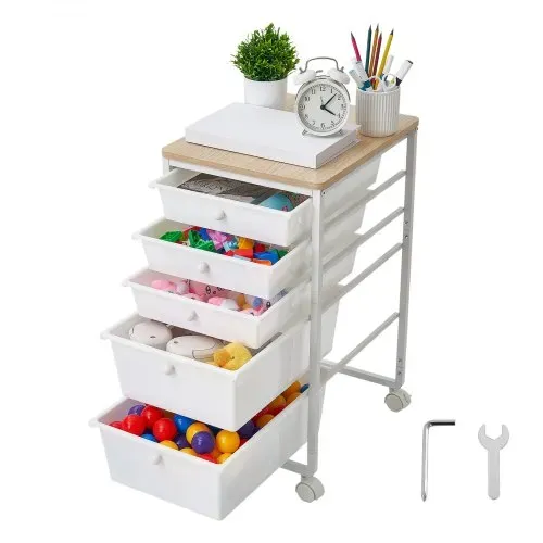VEVOR Rollwagen mit 5 Schubladen Mobiler Rollcontainer 400x330x635mm Weiß, Metallgestell, Holztischplatte, Handgriffe, Lenkrolle mit 2 Bremsen, Aufbewahrungswagen für Büro Bastelzimmer Schlafzimmer – Bild 8