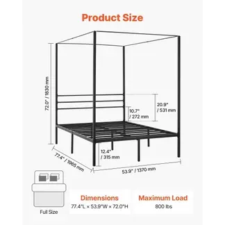 VEVOR Himmelbettrahmen (Full Size), Metallhimmelbett mit Himmelbett-Design (363 kg belastbar), robuste Stahllattenstütze (Quadrat), Stauraum unter dem Bett, kein Boxspring erforderlich, Schwarz VEVOR Himmelbettrahmen (Full Size), Metallhimmelbett mit Himmelbett-Design (363 kg belastbar), robuste Stahllattenstütze (Quadrat), Stauraum unter dem Bett, kein Boxspring erforderlich, Schwarz