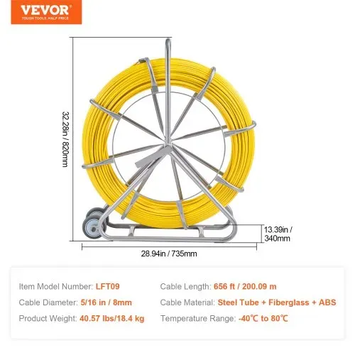 VEVOR Einziehband, 200 m, 5/16 Zoll, Duct Rodder Einziehband-Drahtzieher, Kabelführungsstange mit Rollenständer aus Stahl, 3 Zugköpfe, Angelwerkzeug für Wände & elektrische Leitungen, nicht leitfähig – Bild 6