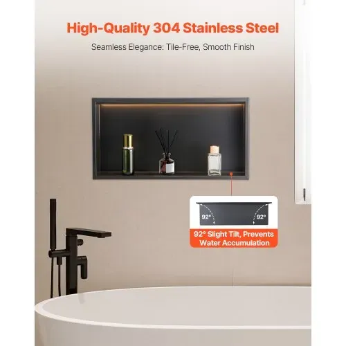VEVOR Duschnische, 10,16x33,02x63,5 cm, versenkte Wandnische mit LED-Streifen, Shampoo-Aufbewahrungs-Organizer aus Edelstahl, langlebig & einfach zu installieren, schwarz für Badezimmer – Bild 2