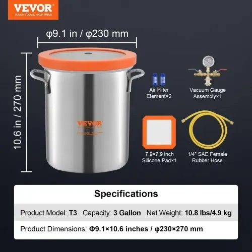 VEVOR 11,4 L Vakuumkammer Edelstahl Vakuum Entgasungskammer (Durchmesser 23 cm, Höhe 27 cm) Unterdruckpumpe Vakuumkammer Ideal zum Stabilisieren von Holz und Entgasen von Silikon, Harz, Polyurethan – Bild 6
