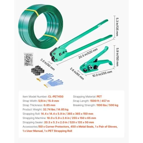 VEVOR 6 tlg Umreifungsset mit Umreifungsband, manuelle Umreifungsgerät mit 457 m PET Band, 450 Metallklammern, 150 Kantenschutzern, pefekte Werkstattausstattung für Verpackung, Transport und Lager – Bild 6