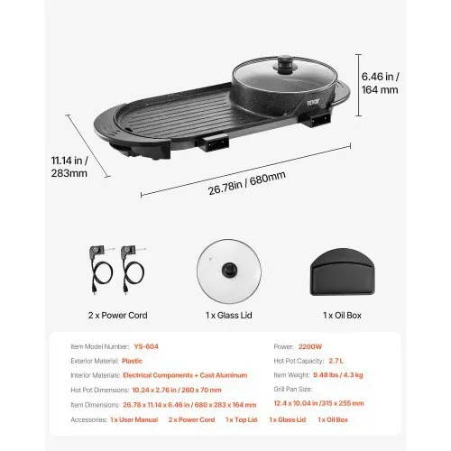 VEVOR Hot Pot mit Grill, 2200 W 2 in 1 elektrischer rauchfreier Grill und Hot Pot, koreanischer BBQ Shabu Feuertopf mit separater doppelter Temperaturregelung & antihaftbeschichteter Pfannen – Bild 6