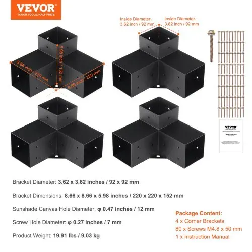 VEVOR 4er-Set Pfostenverbinder 10 x 10 cm (Innengröße 91,44 x 91,44 mm) Pfostenecke Pergola Eckverbinder Holzverbinder 90°-Stiefelstruktur Eckhalterung Holzbalken Pavillon Halterungs Set – Bild 6