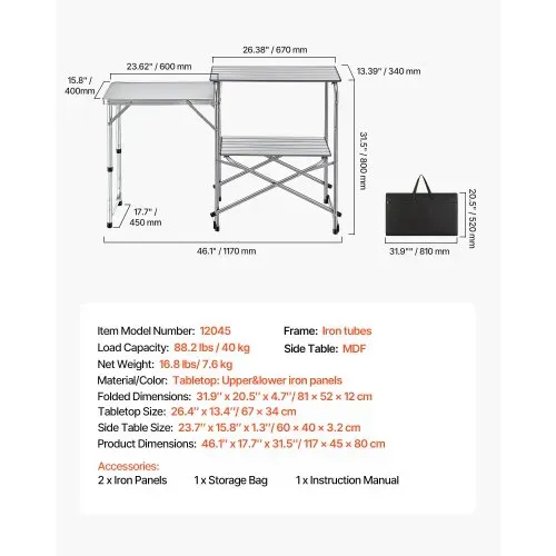 VEVOR Klappbarer Campingtisch, Campingkochstation mit Beistelltisch, Hitzebeständiger Tischplatte und Tragetasche, Tragbare Camping-Küchenstation Ideal für Picknick, Grillen und Wohnmobilreisen – Bild 6