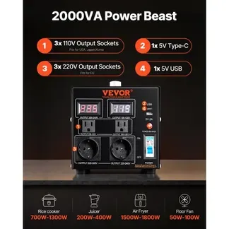 VEVOR 2000W Spannungswandler Transformator AC 110V⇋220V Transformer Wandler 2x US NEMA 5-15R 3-polige/2x standardmäßige europäische Shucko-Ausgangssteckdosen, 1x 5V-USB-Anschluss, 1x Typ-C-Buchse VEVOR 2000W Spannungswandler Transformator AC 110V⇋220V Transformer Wandler 2x US NEMA 5-15R 3-polige/2x standardmäßige europäische Shucko-Ausgangssteckdosen, 1x 5V-USB-Anschluss, 1x Typ-C-Buchse