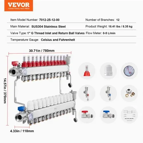 VEVOR 12-Abzweig-Wärmeverteilungsverteiler, 1/2-Zoll-PEX-Rohrverteiler, Edelstahl-PEX-Verteiler für hydronische Fußbodenheizung, Wärmeverteilungs-PEX-Verteilersatz mit 1/2-Zoll-Adaptern im Lieferumfang enthalten – Bild 6