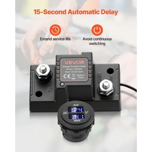 VEVOR Doppelbatterie Trennrelais Kit, 12 V 80 A 0,6 m 13.3 mm² (6 AWG), VSR-spannungsempfindliches Relais mit Voltmeter, LCD-Bildschirm, Batterie-Trennschalter, kompatibel mit Blei-Säure-Batterien, für UTV, ATV – Bild 4