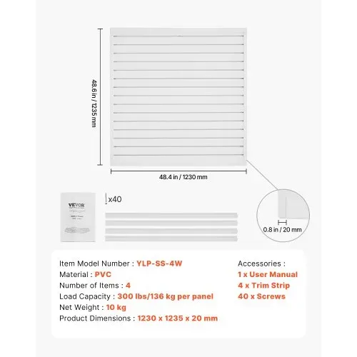 VEVOR Werkzeugwand 1230x1235x20mm, PVC-Garagen-Lamellenwand, weißer Wandorganizer, 136kg pro Platte, Lamellenwandpaneel mit Kupplungsstruktur & DIY-Zuschnitt, geeignet für Lagerung & Präsentation – Bild 6