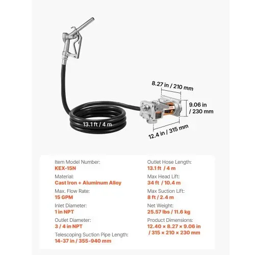 VEVOR Kraftstoffpumpe, 12 V DC, 57 L/min, Dieselpumpen-Set aus Gusseisen, mit manueller Absperrdüse, Förderschlauch, Überhitzungsschutz, 1/3 PS, explosionsgeschützt, für Benzin, Diesel & Kerosin – Bild 6