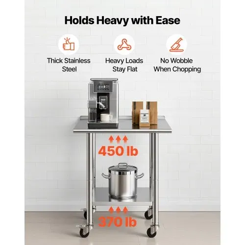 VEVOR Edelstahltisch Gastro 762 x 610 x 894 mm, Verstellbarer Edelstahltisch mit Rollen, Aufkantung (30 mm), Arbeitstisch mit Grundboden für Restaurant Obere Ablage (204 kg) Untere Ablage (168 kg) – Bild 3
