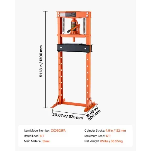 VEVOR Hydraulische Werkstattpresse 12 t H-Rahmen aus Kohlenstoffstahl, 8 Höhenstufen 23–655 mm, Hydraulikpresse mit Druckbegrenzungsventil und Ergonomischem Gummigriff, zum Biegen Richten Pressen – Bild 6