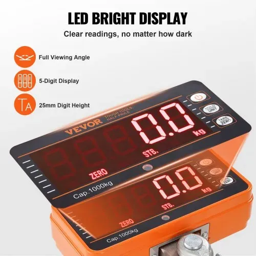 VEVOR Digitale Hängewaage 9 bis 1000kg Kranwaage lbs/kg/N Zugwaage 0,2kg Genauigkeit Wildwaage Industriewaage LED-Display Hängende Waage Mini tragbare Waage mit Fernbedienung 9 Funktionen – Bild 5