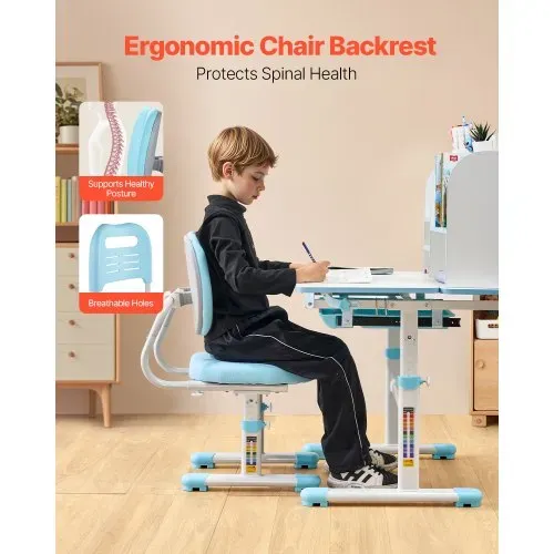 VEVOR Schreibtisch Kinderschreibtisch Arbeitstisch und Stuhl höhenverstellbarer (54-73 cm) belastbarer (100 kg) 0–40° neigbarer Tisch mit Bücherregal für Schlafzimmer Arbeitszimmer Schule Blau – Bild 3
