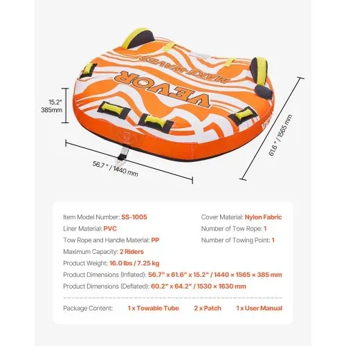 VEVOR Fun Tube Set zum Bootfahren, Aufblasbare Schleppboote für 1–2 Personen, 154 kg Wassersport-Schleppschlauch zum Ziehen von Booten – mit Flossen, doppelt genähter Nylonhülle & gepolsterten Griffen – Bild 6