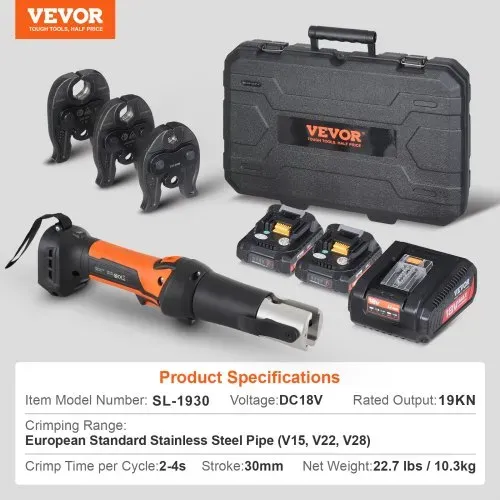 VEVOR Presswerkzeug und Akku-Set, Pro Presswerkzeug, elektrisches Rohrcrimpwerkzeug mit V15-, V22-, V28-Backen, Presswerkzeug-Set mit 2 Stück 18-V-2,0-Ah-Akkus, Schnellladegerät und Tragetasche – Bild 6
