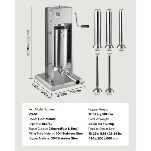 VEVOR manueller Wurstfüller 5 L vertikale Wurstfüllmaschine Fleischfüller mit 2 Geschwindigkeiten (schnell / langsam), Hochleistungsfüller aus Edelstahl mit 5 Wurstfüllrohren, Fleischfüllen – Bild 6