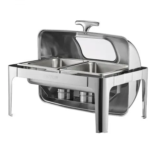 VEVOR Chafing Dish Set Speisenwärmer Edelstahl mit 2 Pfannen in halber Größe (3,9 L), rechteckiger Wärmespender mit sichtbarem Deckel & Wasserpfannenständer & Brennstoffhalter, für Partys Silber – Bild 9