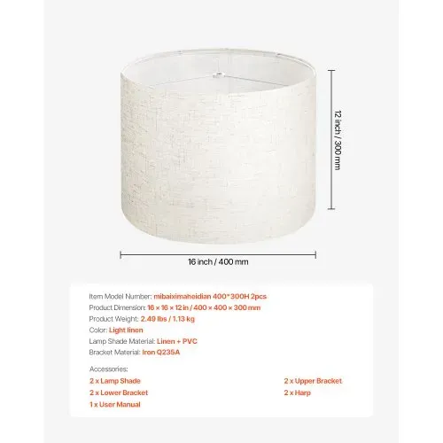 VEVOR Lampenschirm Trommel 40 x 40 x 30 cm (oben x unter x hoch), 2 Stk. Ersatzschirme aus Leinen + PVC, Lampenschirm mit Harfe für Tischlampen Stehlampen Pendelleuchten (helles Leinen) – Bild 6