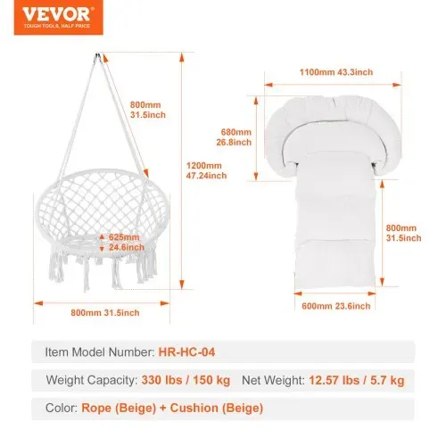 VEVOR Hängesessel, 150 kg Tragkraft, Makramee-Hängesessel mit Kissen und Befestigungsmaterial, Schaukelstuhl aus Baumwollseil für Schlafzimmer, Balkon, Terrasse, Garten, Beige – Bild 6