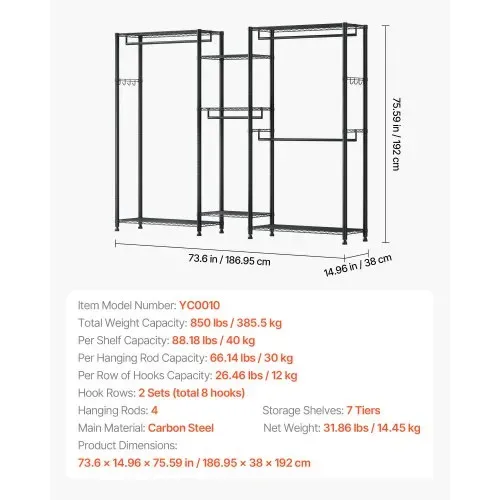 VEVOR Kleiderständer Garderobenständer (verstellbar) mit 4 Kleiderstangen & 385,5 kg Tragkraft & 7 Regalen & 8 Haken, offener Kleiderschrank für Schlafzimmer Bekleidungsgeschäft Garderobe Flur – Bild 2