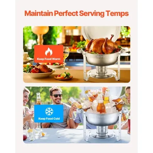 VEVOR Chafing Dish Buffet Speisenwärmer mit 2 Behältern in voller Größe (4,7 L pro), runder Catering-Wärmespender mit Deckel & Brennstoffhalter & Wasserpfanne, für Hochzeiten Partys Silber – Bild 2