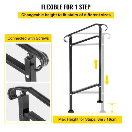 VEVOR Treppengeländer 50x13,5x108 cm Handlauf Geländer Höhe(bis zu 18,5 cm) & Winkel(0-30,8°) einstellbar Eingangsgeländer Eisenhandlauf Ideal für 1 oder 2 stufige Treppen mit Installationskit Schwarz – Bild 2