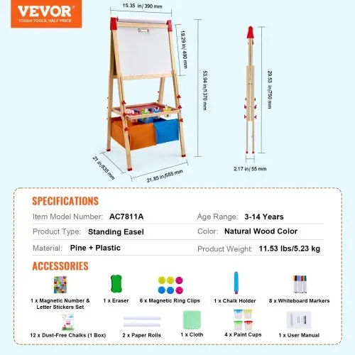 VEVOR Kunststaffelei für Kinder, 3-in-1-Kunststaffelei aus Holz, doppelseitig, mit magnetischem Whiteboard, Kreidetafel, Papierrolle, verstellbarem Zeichenbrett mit Malzubehör, für Kinder ab 3 Jahren – Bild 6