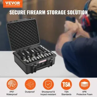 VEVOR Hartschalenkoffer für Pistolen mit vorgeschnittenem Futter, wasser- und staubdichter Hartschalenkoffer für 6 Pistolen, 19,3 × 17,1 × 8,3 Zoll, abschließbarer Pistolenkoffer, schwarz VEVOR Hartschalenkoffer für Pistolen mit vorgeschnittenem Futter, wasser- und staubdichter Hartschalenkoffer für 6 Pistolen, 19,3 × 17,1 × 8,3 Zoll, abschließbarer Pistolenkoffer, schwarz