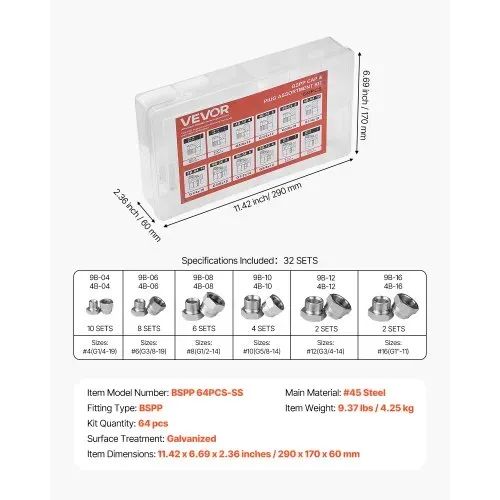 VEVOR 64-teiliges BSPP-Hydraulikfitting-Set, Hydraulikkappen- und Stopfen-Set mit Präzisionsgewinde, verzinkter Stahl, Hochleistungs-Adapter-Set, Armaturenbrettgrößen 04/06/08/10/12/16 – Bild 6