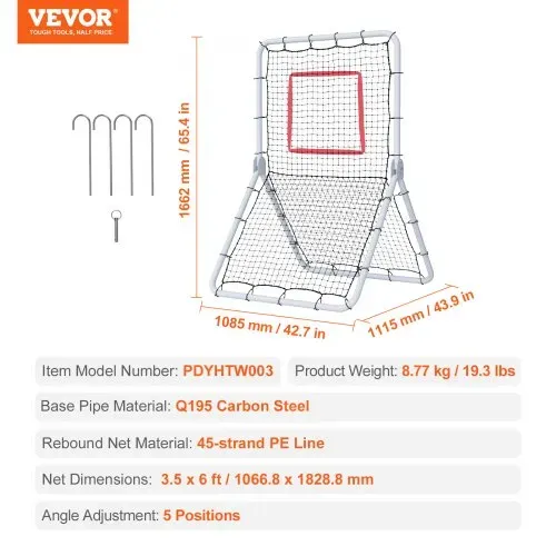 VEVOR Baseball- und Softball-Rebounder-Netz, 3,5 x 6 Fuß PitchBack Baseball Pitching Nest, Softball Pitchback-Netz, Fielding-Trainer, Bounce-Back-Netz für Fielding-/Wurfübungen, 5 einstellbare Winkel – Bild 6