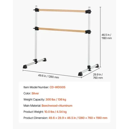VEVOR Ballettstange Tanzstange freistehende Doppelstange, höhenverstellbare (170-1165 mm) Stretchstange aus Holz für Ballettübung, Gleichgewichtstraining, Entspannungsübungen, Fitnessstudio – Bild 6