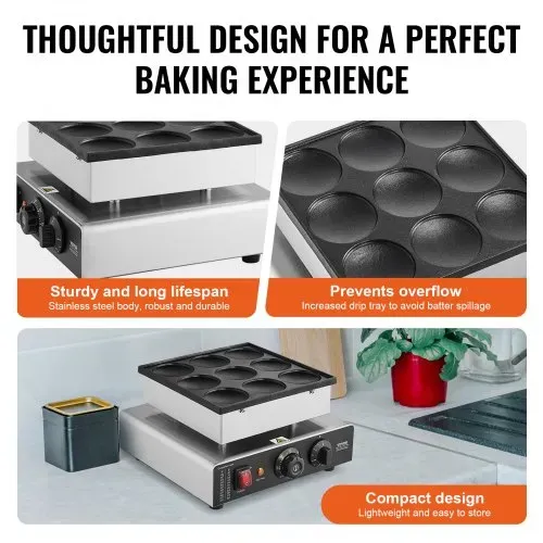 VEVOR Mini-Pfannkuchenmaker kommerzielle Dutch mini Pfannkuchen Maschine, 9 Stk., 76 mm Durchmesser, Dorayaki-Backmaschine, 850 W, Temperatur- und Zeitregelung, in Küchen, Cafés und Restaurants – Bild 4