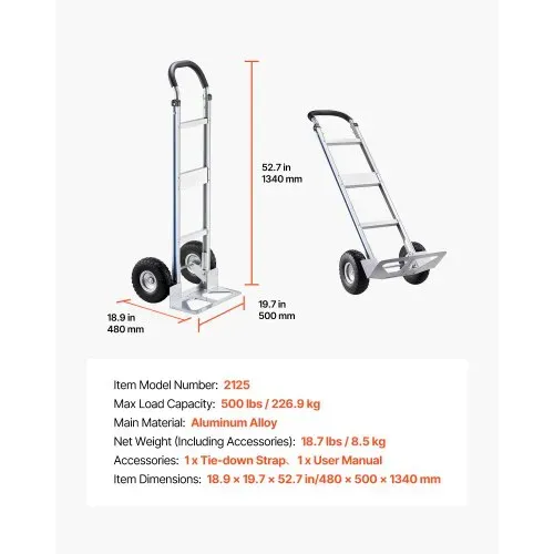 VEVOR Sackkarre, 227 kg Tragkraft, Schwerlast-Transportkarre mit Griff, Handkarre aus Aluminiumlegierung mit Zurrgurt, Stapelkarre für Umzüge nach Hause, ins Büro, ins Lager, 480x500x1340 mm – Bild 6