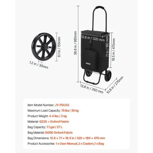 VEVOR Einkaufstrolley Faltbarer Einkaufswagen mit 35kg Tragkraft Schwarz, 27L Kapazität, Mit Kühlfach Schaumstoffgriff + Rollen, Tasche Abnehmbar, 2-in-1 Einkaufsroller für Einkauf Camping Haushalt – Bild 6