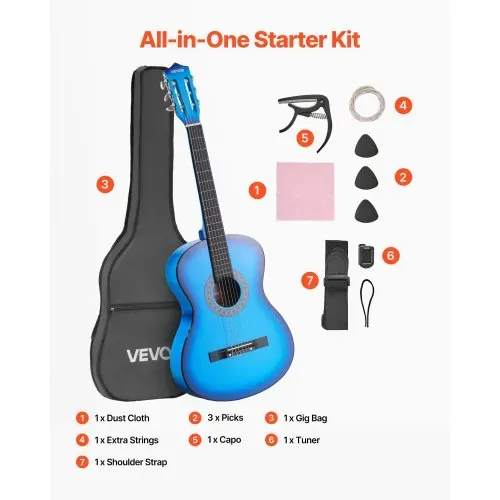 VEVOR Konzertgitarre, 960 mm, Holz-Klassikgitarren-Starter-Set für Anfänger, mit Nylonsaiten, Gigbag, Gurt, Stimmgerät, zusätzlichen Saiten, Plektren, Kapodaster, Linde, für Einsteiger, Blau – Bild 6
