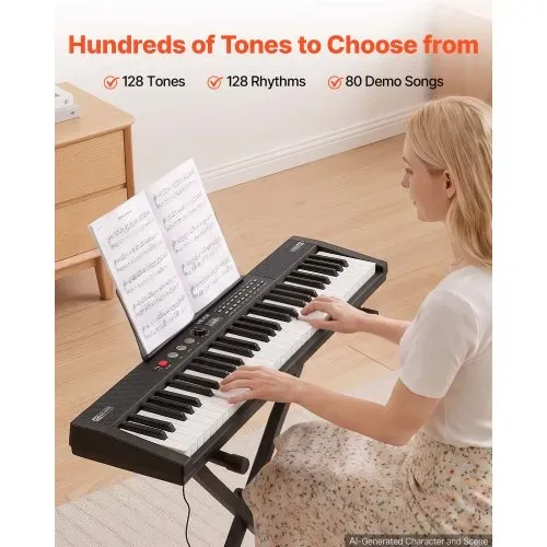 VEVOR Digitalpiano 61 Tasten Halbgewichtet E-Piano mit Ständer Klavierhocker, 128 Klänge, 128 Rhythmen, HiFi-Stereolautsprecher, 3,5-mm-Kopfhörerbuchse, Sustain-Pedal, USB/MIDI und Notenablage – Bild 3