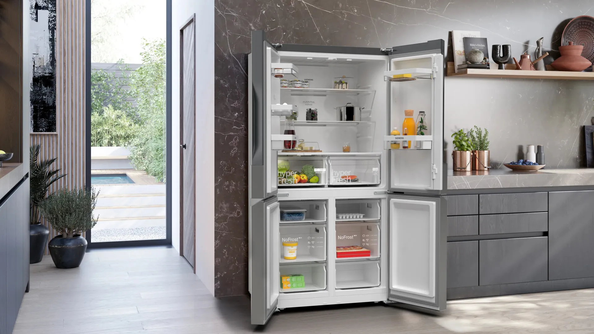 Siemens iQ300 KF96NVPEA Side-by-Side Kühlkombination Freistehend 605 l Silber – Bild 4