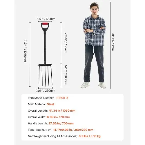 VEVOR Dunggabel, 5-Zinken-Gartenheugabel mit Mistgabel, 1050 mm Heugabel, Mistforke mit Y-Griff, Spatengabel aus geschmiedetem Stahl für Heu, Kartoffelkompostierung, Umpflanzen, Belüftung – Bild 6