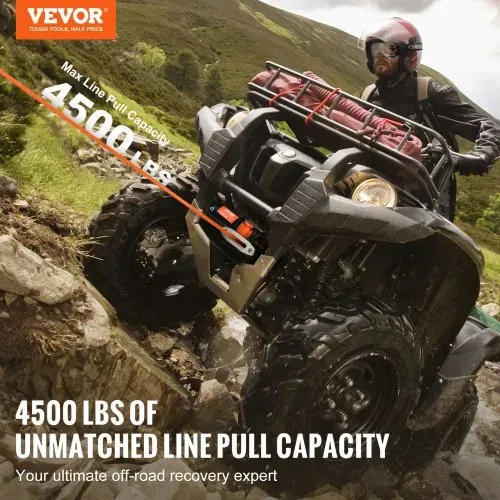 VEVOR Elektrische Seilwinde, 2048 kg Zugkraft, 12 V Gleichstrom für Geländefahrzeuge/UTVs, mit 12-strängigem Synthetikseil (Φ1/4 Zoll x 39 Fuß), Aluminium-Seilführung, Fernbedienungen, IP55-Wasserbeständigkeit VEVOR Elektrische Seilwinde, 2048 kg Zugkraft, 12 V Gleichstrom für Geländefahrzeuge/UTVs, mit 12-strängigem Synthetikseil (Φ1/4 Zoll x 39 Fuß), Aluminium-Seilführung, Fernbedienungen, IP55-Wasserbeständigkeit