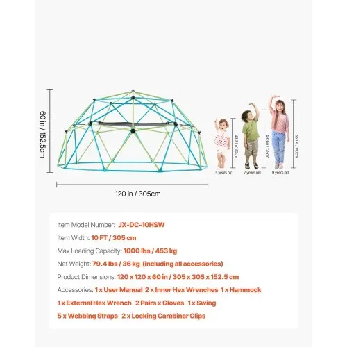 VEVOR Kletterkuppel geometrisches Klettergerüst (305 cm breit) mit Schaukel & Hängematte, 453 kg belastbares Klettergerüst, Klettergerät für Kinder von 3 bis 10 Jahren Gartenspielzeug Spielplatz – Bild 6