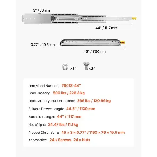 VEVOR 1 Paar Schubladenschienen mit Vollauszug 1117 mm, 226 kg Tragkraft, Schubladenführungen, Kugellager mit Sperre, seitlich montierte Teleskopschienen für Regale, Schränke, Industrieschubladen – Bild 6