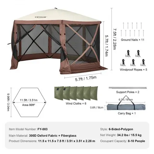 VEVOR Pop-Up-Pavillonzelt, Pop-Up-Zelt mit 6-seitigem Baldachin, Sonnenschutz mit 6 abnehmbaren Sichtschutz-Windtüchern und Netzfenstern, 3,5 x 3,5 m, Schnellaufbau-Zelt mit Moskitonetz, braun – Bild 6