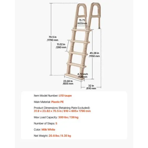 VEVOR Poolleiter, Einstiegsleiter 5-Stufig, Treppe mit Doppeltem Handlauf, Einstiegshilfe Tragkraft 136 kg, für Einbau- & Aufstellpools, Sicherheitsleiter für Alle Terrassenoberflächen, Taupe – Bild 6
