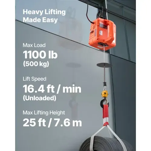 VEVOR Elektrische Seilwinde, 500 kg Tragkraft, 3-in-1 Elektro-Hebezeug, 1500 W, 7,6 m Hubhöhe, 5 m/min, mit manueller, kabelgebundener & kabelloser Fernbedienung für Fabrik, Lager & Garage VEVOR Elektrische Seilwinde, 500 kg Tragkraft, 3-in-1 Elektro-Hebezeug, 1500 W, 7,6 m Hubhöhe, 5 m/min, mit manueller, kabelgebundener & kabelloser Fernbedienung für Fabrik, Lager & Garage