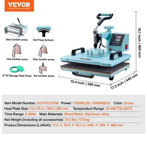 VEVOR Hitzepresse Transferpresse 30x38cm 8 in 1 Tumbler Presse T-Shirts Blau – Bild 6